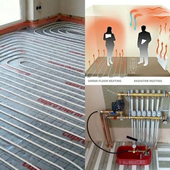 Instalacja ogrzewania podłogowego Cuprotherm z rozdzielaczem i schematem działania, widoczne rury grzewcze ułożone w pętle przed wylaniem posadzki.