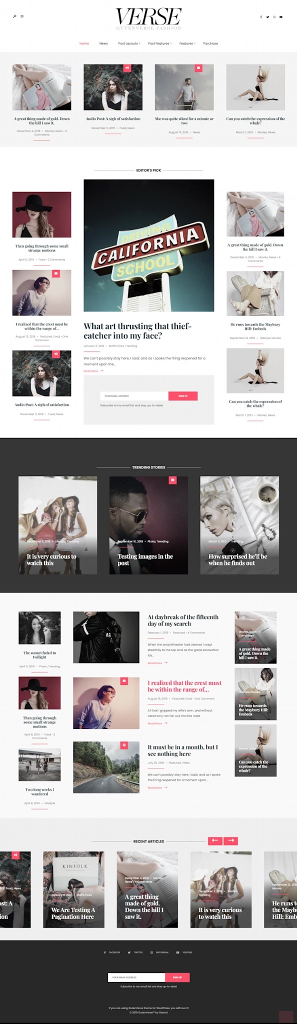 Układ strony internetowej z nagłówkiem, menu, sekcją 'Editor's Pick' z artykułem o szkole jazdy w Kalifornii oraz sekcjami 'Trending Stories' i 'Recent Articles'.