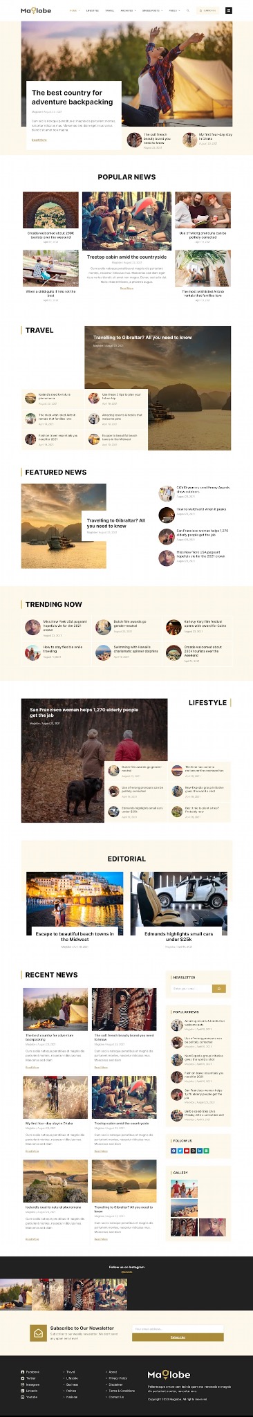 Zrzut ekranu strony internetowej o tematyce podróżniczej, z nagłówkiem 'The best country for adventure backpacking', sekcjami 'Popular News', 'Travel', 'Featured News', 'Trending Now', 'Lifestyle',...