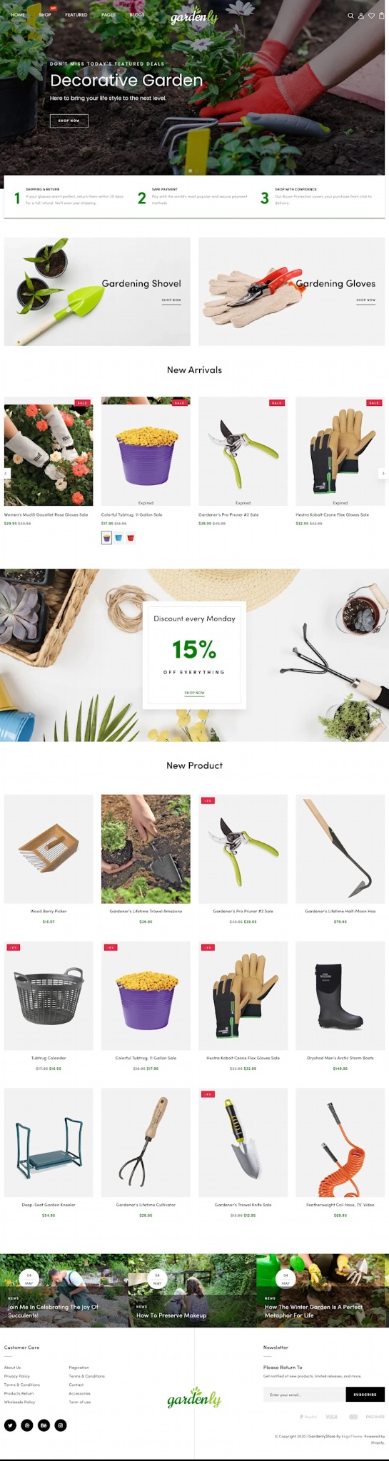 Układ strony internetowej sklepu ogrodniczego z nagłówkiem 'Decorative Garden' i sekcjami prezentującymi narzędzia ogrodnicze, odzież ochronną i inne akcesoria, z uwzględnieniem promocji i nowości.