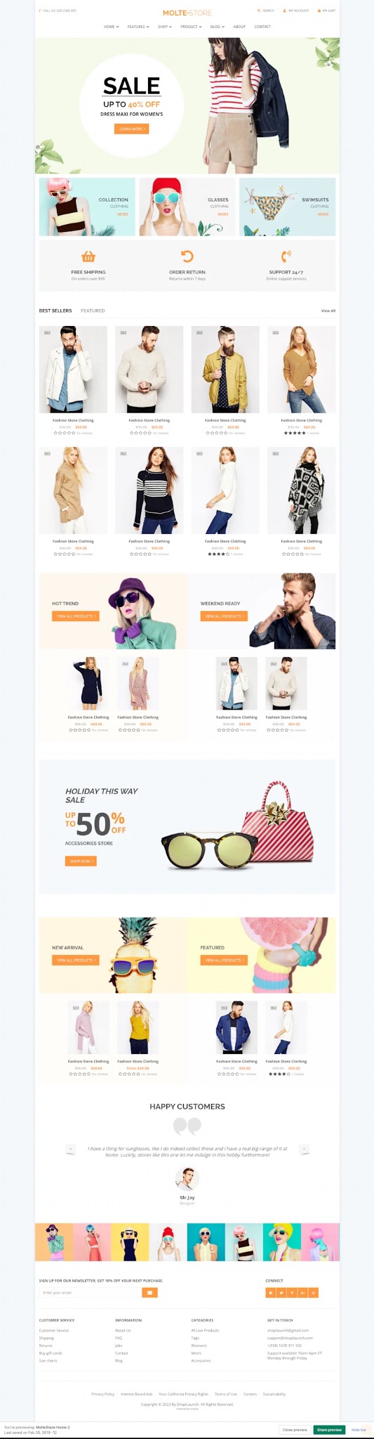 Projekt strony internetowej sklepu odzieżowego z sekcjami: promocje, bestsellery, trendy, nowości, opinie klientów oraz newsletter.