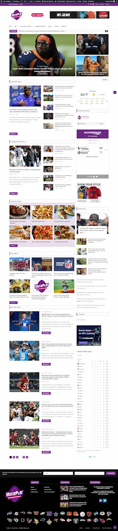 Zrzut ekranu strony internetowej o tematyce sportowej, z nagłówkiem, artykułami o futbolu amerykańskim, wynikami meczów i reklamami biletów.