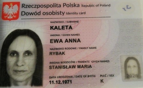 Skan polskiego dowodu osobistego na nazwisko Kaleta Ewa Anna, z datą urodzenia 11.12.1971.