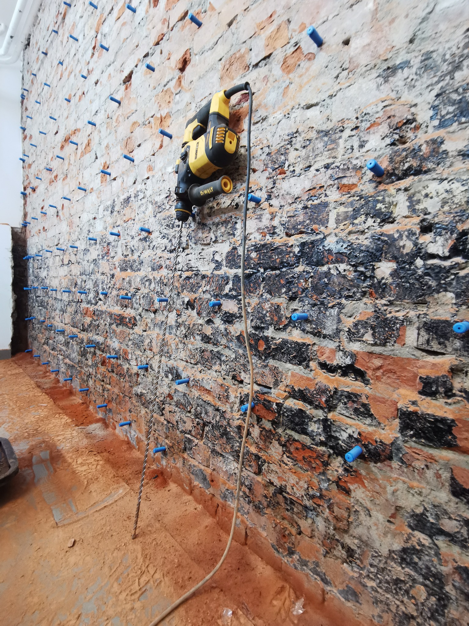 Młotowiertarka DeWalt zawieszona na ceglanej ścianie z widocznymi niebieskimi kołkami iniekcyjnymi, wskazującymi na proces nawiercania pod iniekcję.