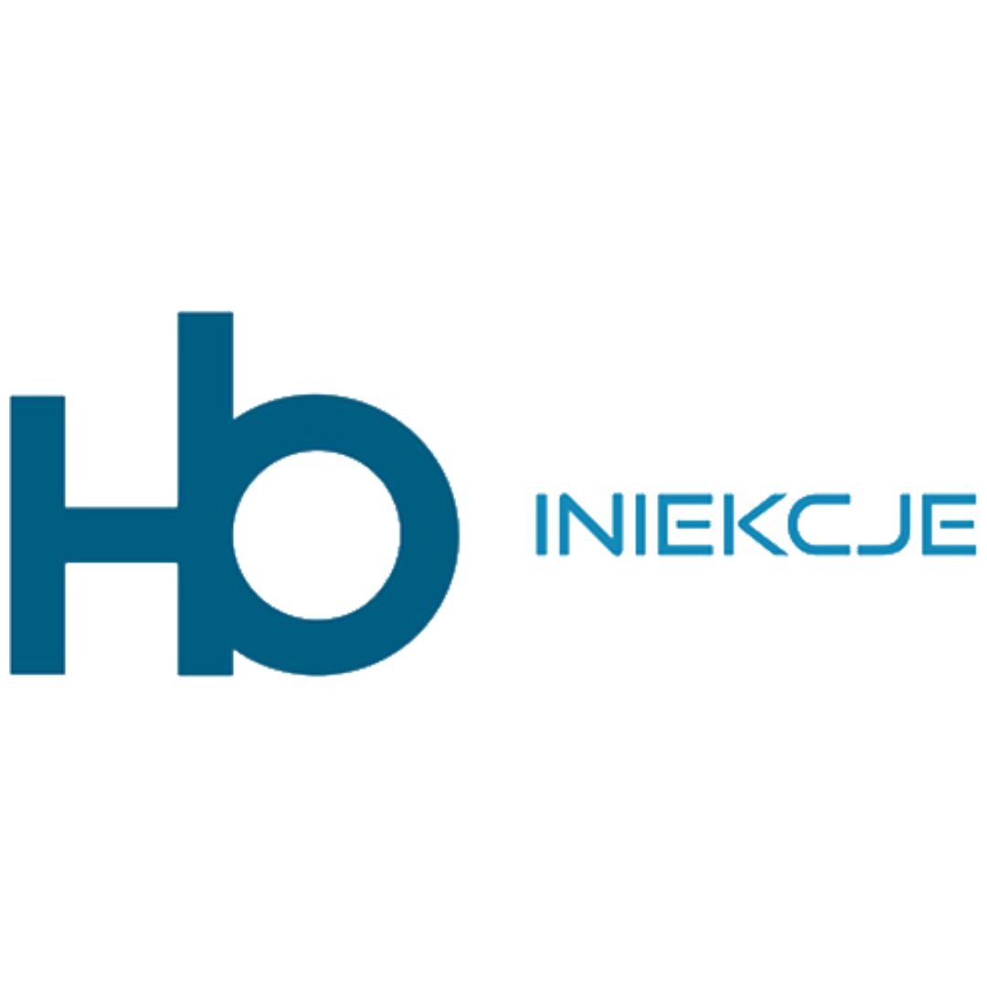 Logo firmy oferującej iniekcje, z niebieskim symbolem 'hb' i napisem 'INIEKCJE' po prawej stronie.