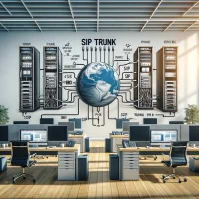 Biuro z rysunkiem na ścianie przedstawiającym schemat SIP Trunk z serwerami i globusem, nowoczesne stanowiska pracy z komputerami.