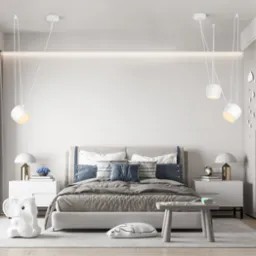 Nowoczesna sypialnia w stonowanych szarościach z łóżkiem, stolikami nocnymi, lampami wiszącymi na linkach i dekoracyjną naklejką na szafie.