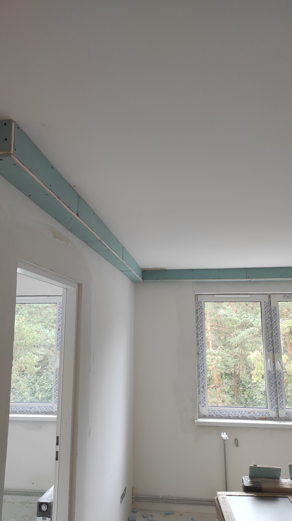 Wnętrze pokoju w trakcie prac wykończeniowych; widoczne profile i płyty karton-gips mocowane do sufitu, przygotowane do dalszych prac, okno z widokiem na las.