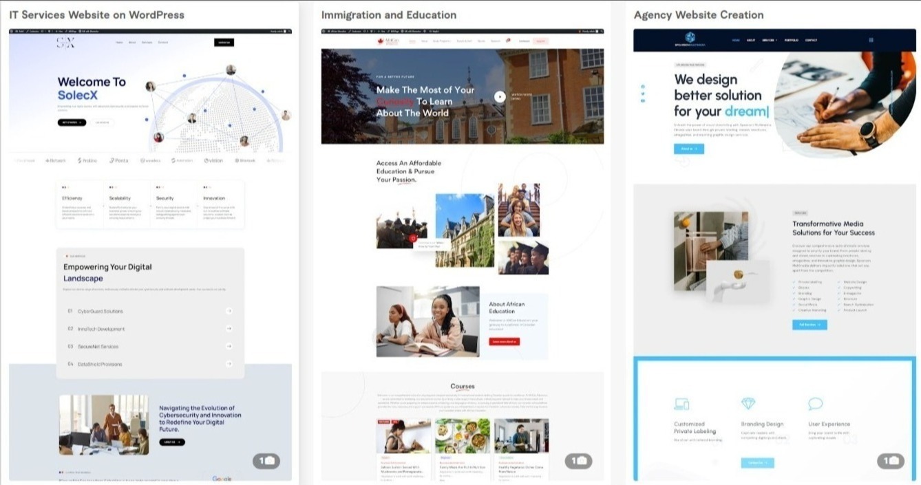 Kompozycja trzech stron internetowych: IT Services, Immigration and Education oraz Agency Website Creation, prezentujących różne style i układy graficzne, wykonane przez firmę z Krakowa.