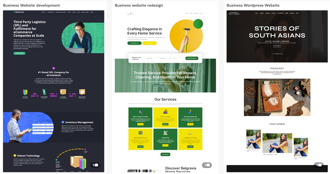 Kompozycja trzech zrzutów ekranu stron internetowych o różnej stylistyce i tematyce: logistyka dla e-commerce, usługi remontowe i blog o mieszkańcach Azji Południowej, ukazane obok siebie.