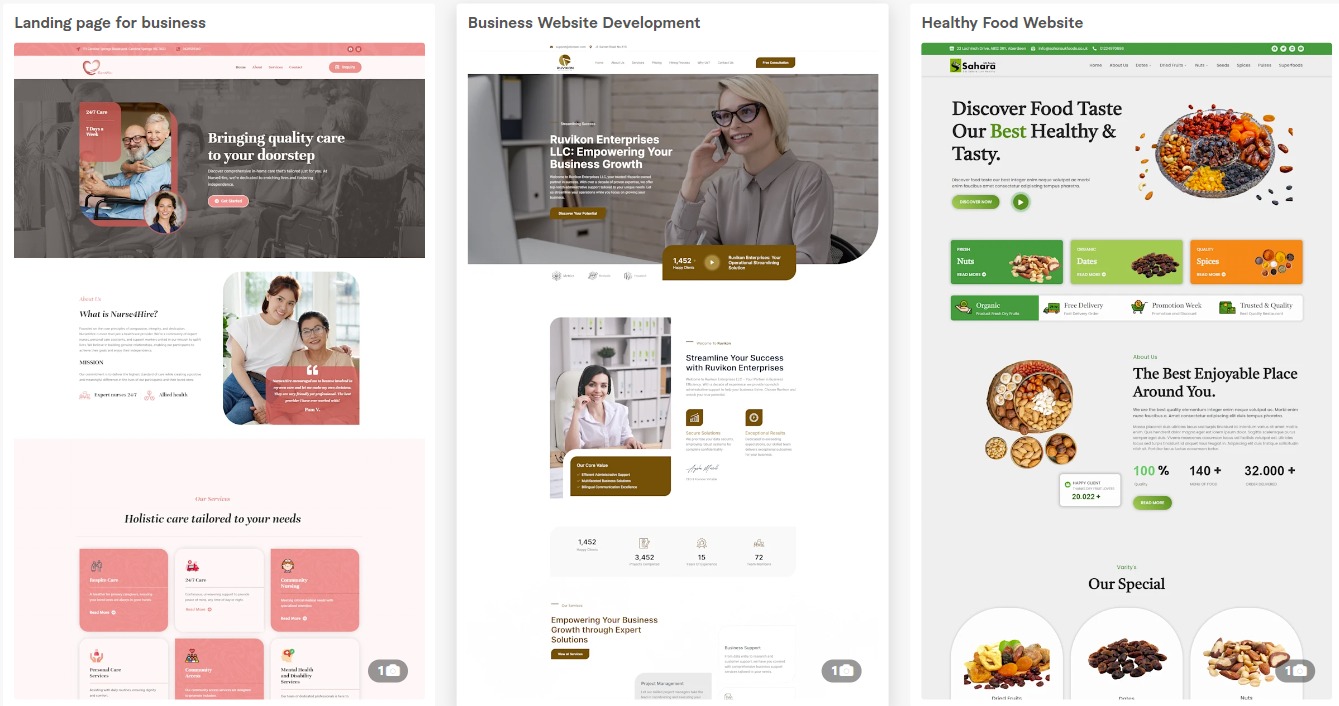 Kompozycja trzech zrzutów ekranu stron internetowych z różnymi motywami: opieka domowa, rozwój biznesu i zdrowa żywność, prezentowane w minimalistycznym stylu z wyraźną typografią i paletą kolorów.