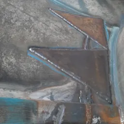 Szczegółowe ujęcie spawu na metalowej konstrukcji, widoczne ślady spawania i niebieska farba na powierzchni.