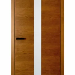 Brązowe drzwi wewnętrzne z pionowym, matowym paskiem szkła pośrodku i czarną, minimalistyczną klamką.