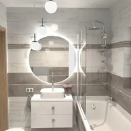Wizualizacja łazienki z okrągłym lustrem podświetlanym LED, białą umywalką nablatową na szafce z szufladami i wanną za szklanym parawanem, wykończonej płytkami w odcieniach szarości i bieli.