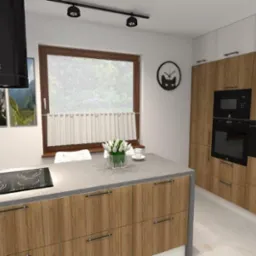 Wizualizacja kuchni z drewnianymi frontami, czarnym okapem i płytą indukcyjną na wyspie; na ścianie obrazy z górskim krajobrazem oraz zegar z motywem kota.