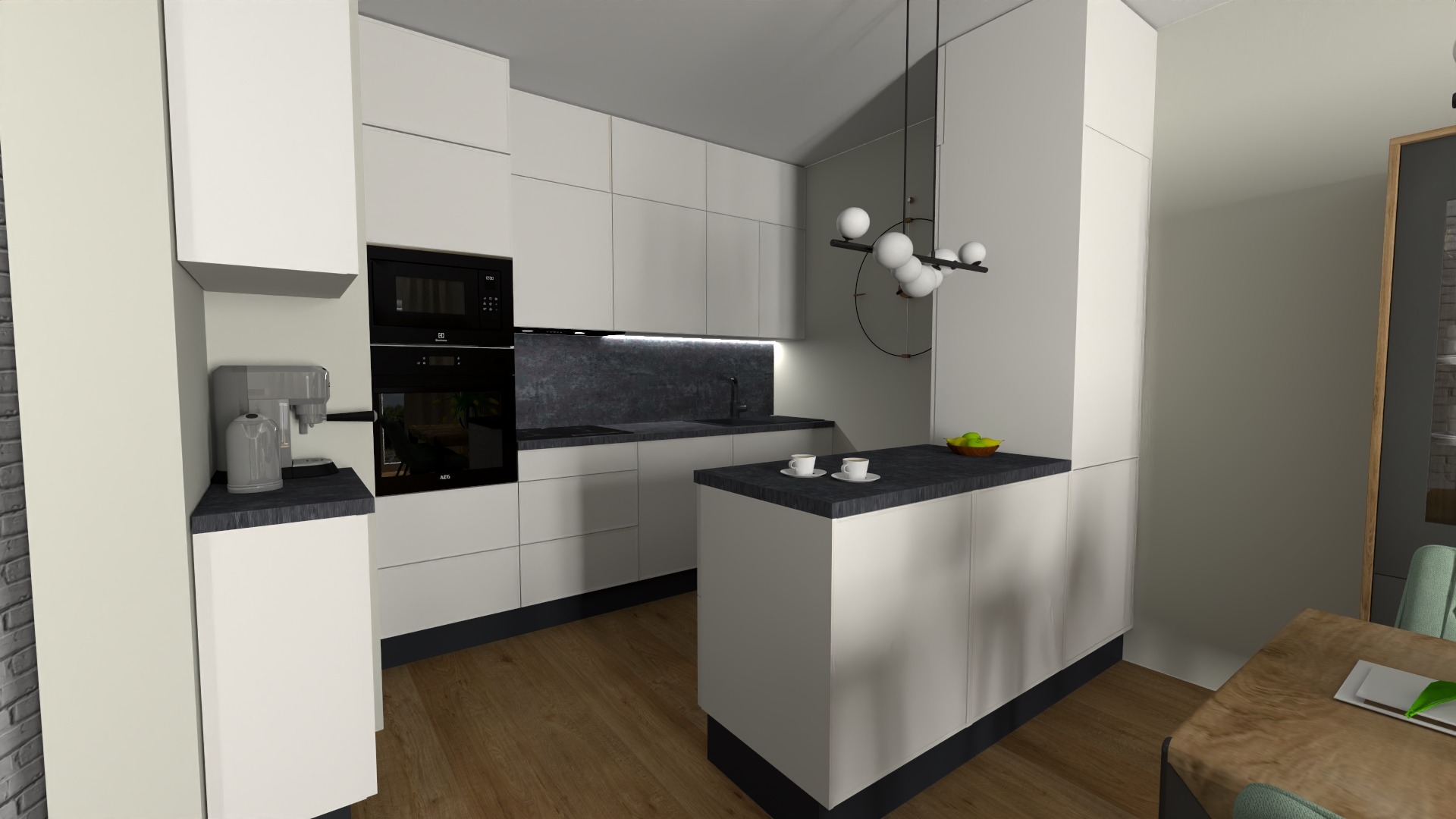 Nowoczesna kuchnia z białymi szafkami, czarnym blatem i elementami dekoracyjnymi: lampa wisząca w kształcie kuli, ekspres do kawy i miska z owocami na wyspie.