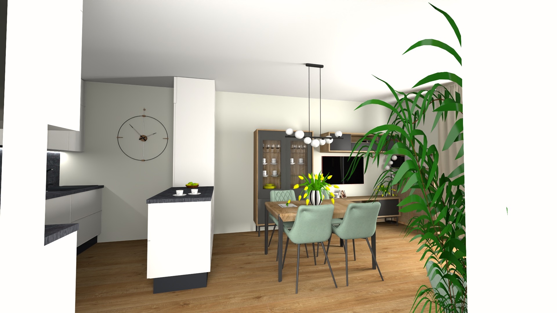Wizualizacja nowoczesnej kuchni i jadalni z białymi meblami kuchennymi, ciemnym blatem, drewnianą podłogą, stołem z zielonymi krzesłami i dekoracyjnym oświetleniem.