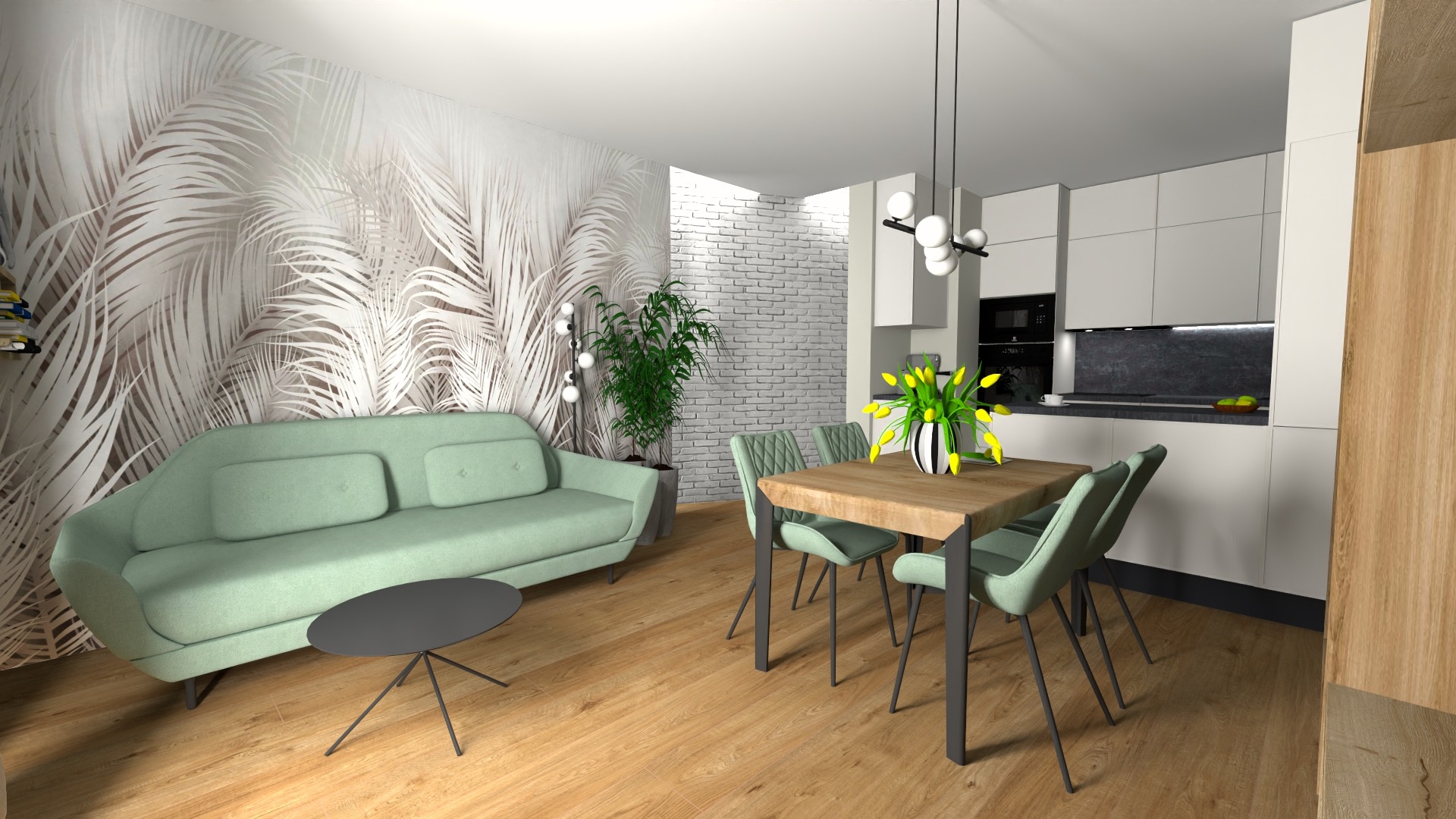 Wizualizacja wnętrza: salon z sofą w pastelowej zieleni, drewniany stół z krzesłami, nowoczesna kuchnia z białymi szafkami i czarnym blatem, ściana z tapetą w motywy roślinne i ceglana ściana
