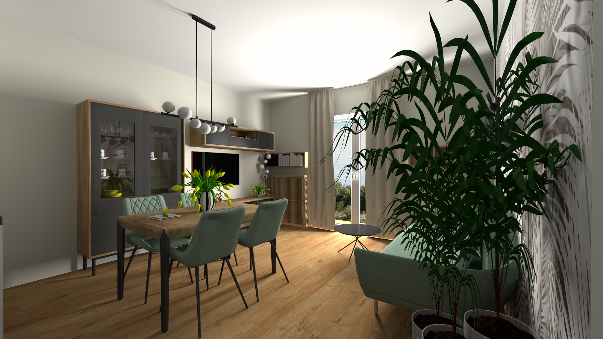 Wizualizacja salonu z jadalnią: drewniany stół z zielonymi krzesłami, zabudowa meblowa z witryną, lampa wisząca z kulistymi kloszami, duża roślina doniczkowa w rogu pokoju.