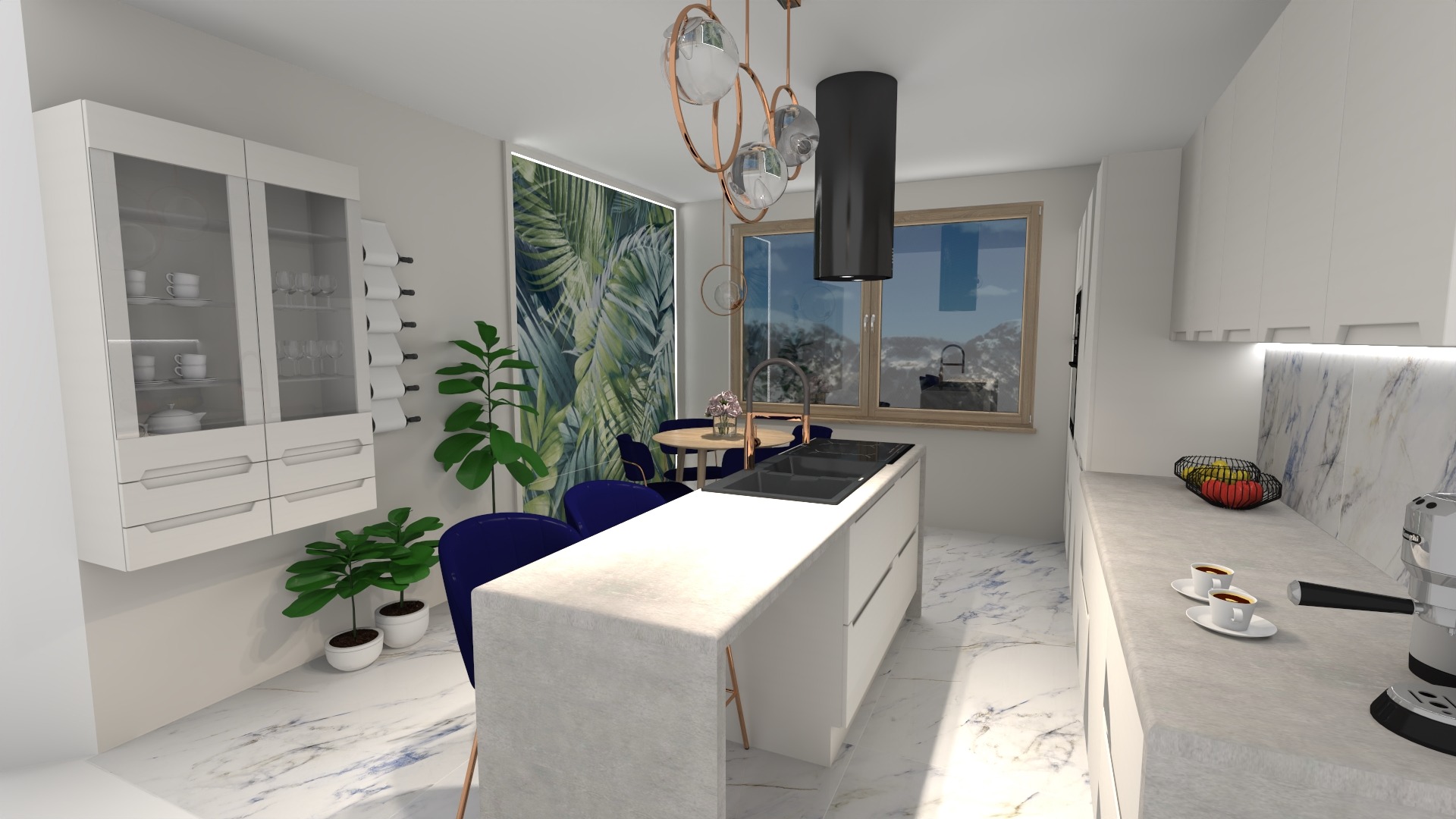 Wizualizacja nowoczesnej kuchni z wyspą, białymi szafkami, marmurową podłogą i ścianą, okrągłym stołem z niebieskimi krzesłami oraz roślinami doniczkowymi.