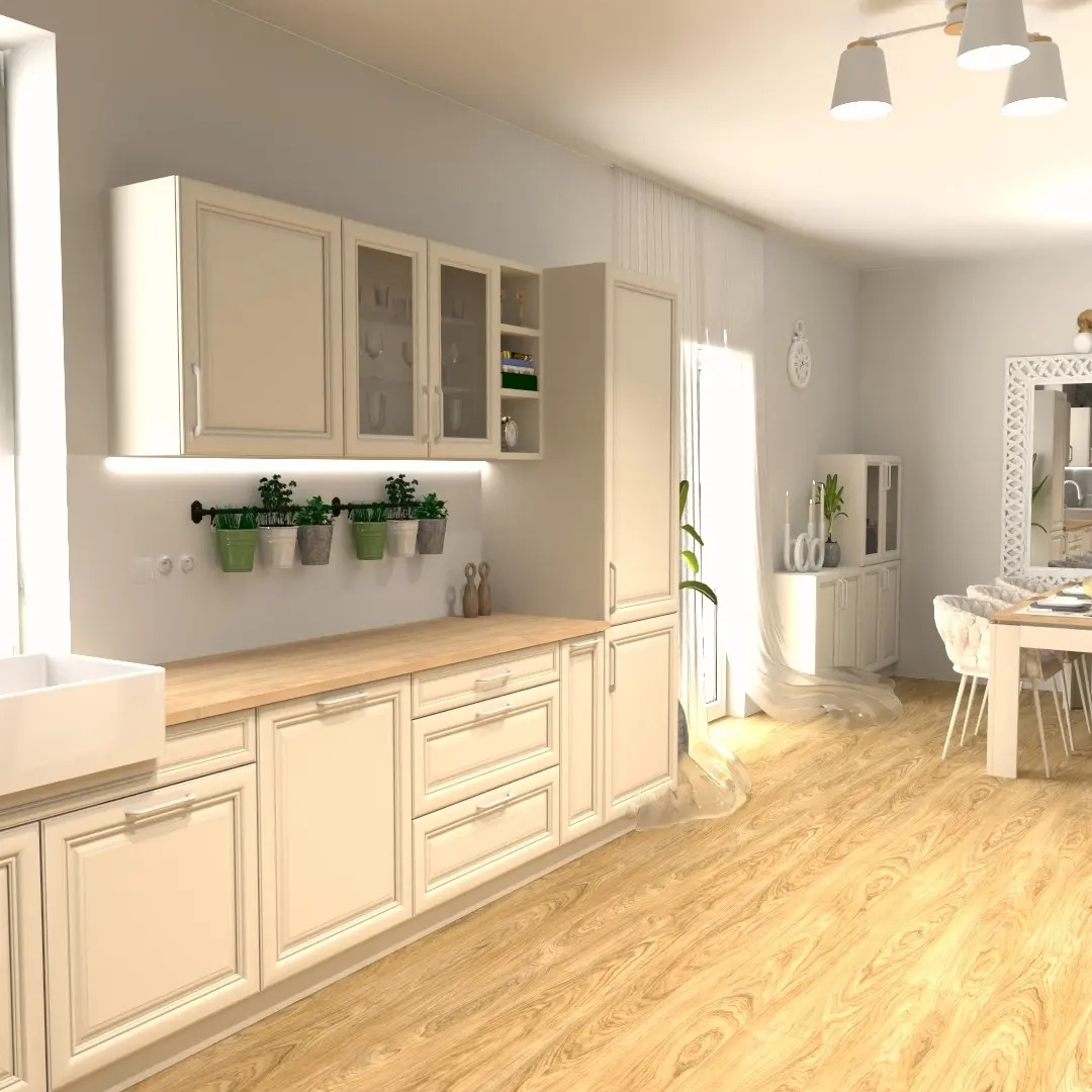 Jasna kuchnia z kremowymi szafkami w stylu klasycznym, drewniany blat, wiszące doniczki z ziołami i roślinami, oraz jadalnia w tle.