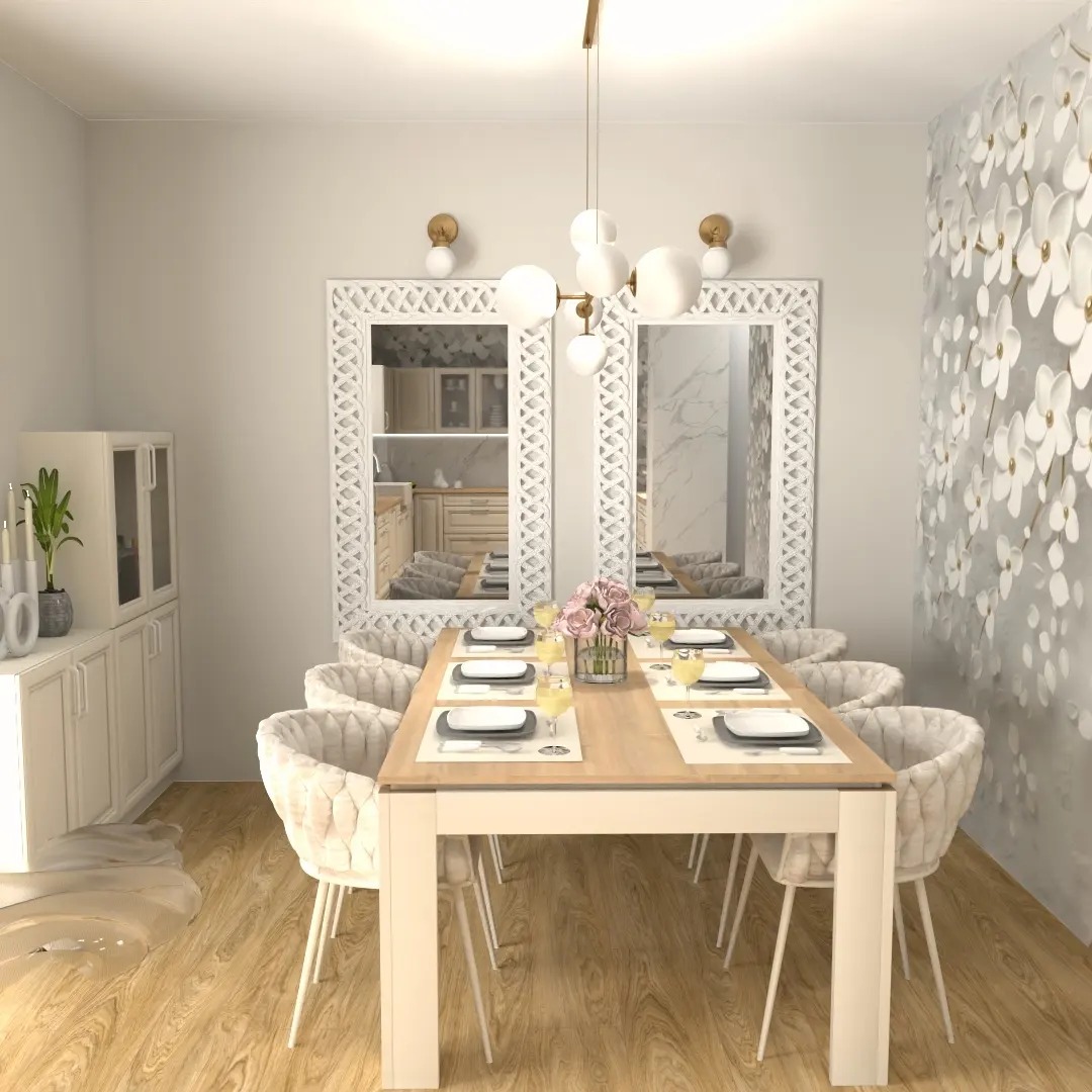 Jadalnia w jasnych barwach z drewnianym stołem, nakrytym dla sześciu osób, otoczonym krzesłami z miękkim obiciem, lustra w dekoracyjnych ramach na ścianie i kwiatowy motyw na tapecie.