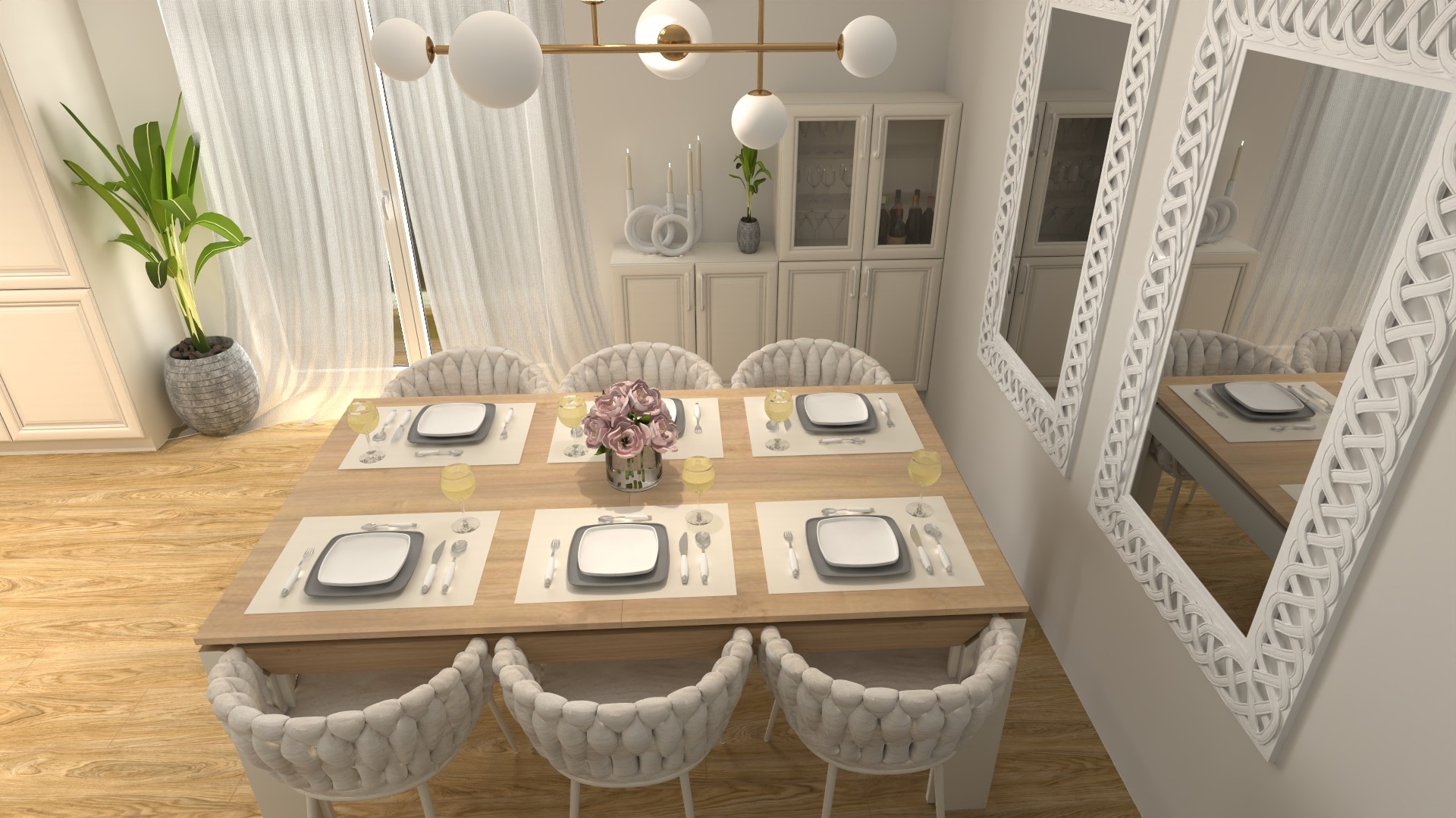 Jasna jadalnia z drewnianym stołem, nakrytym dla sześciu osób, z dekoracyjnymi krzesłami i ozdobnymi lustrami na ścianie.