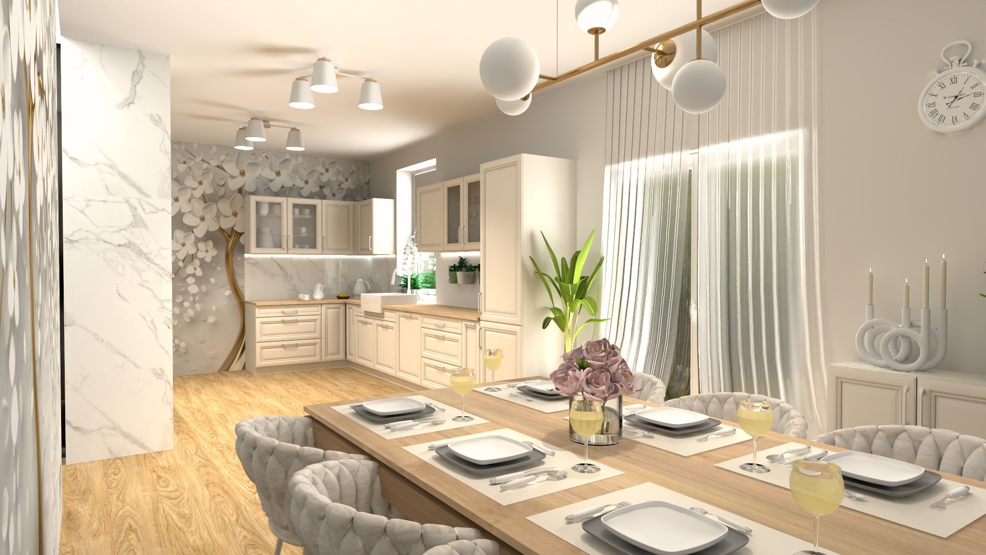 Jasna kuchnia z elementami dekoracyjnymi: marmurowa ściana z motywem drzewa, kremowe meble i stół z nakryciem dla sześciu osób.