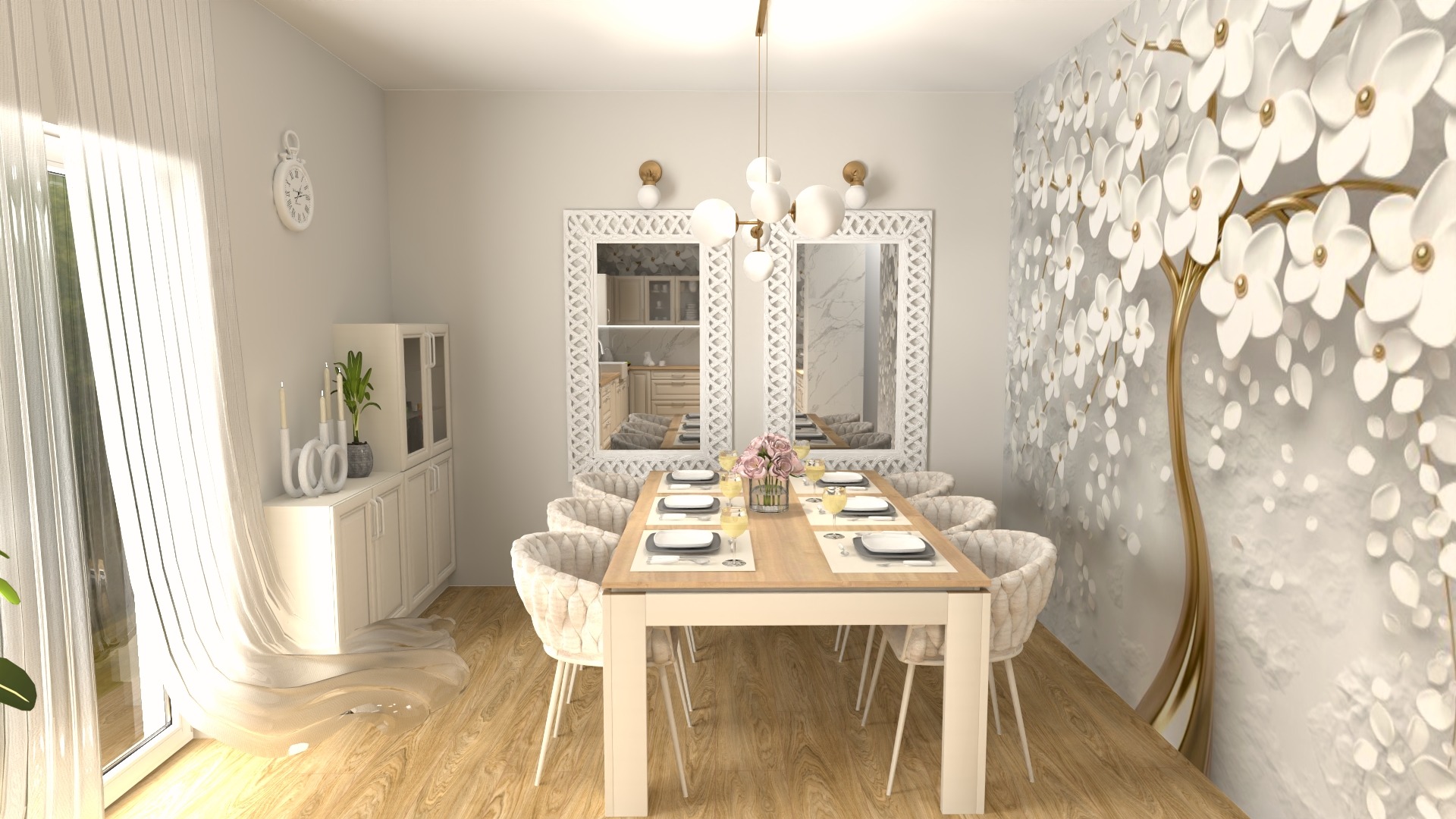 Jasna jadalnia z drewnianym stołem nakrytym dla sześciu osób, kwiatami w wazonie i dekoracyjną tapetą z motywem drzewa z białymi kwiatami, widok na kuchnię w lustrach.
