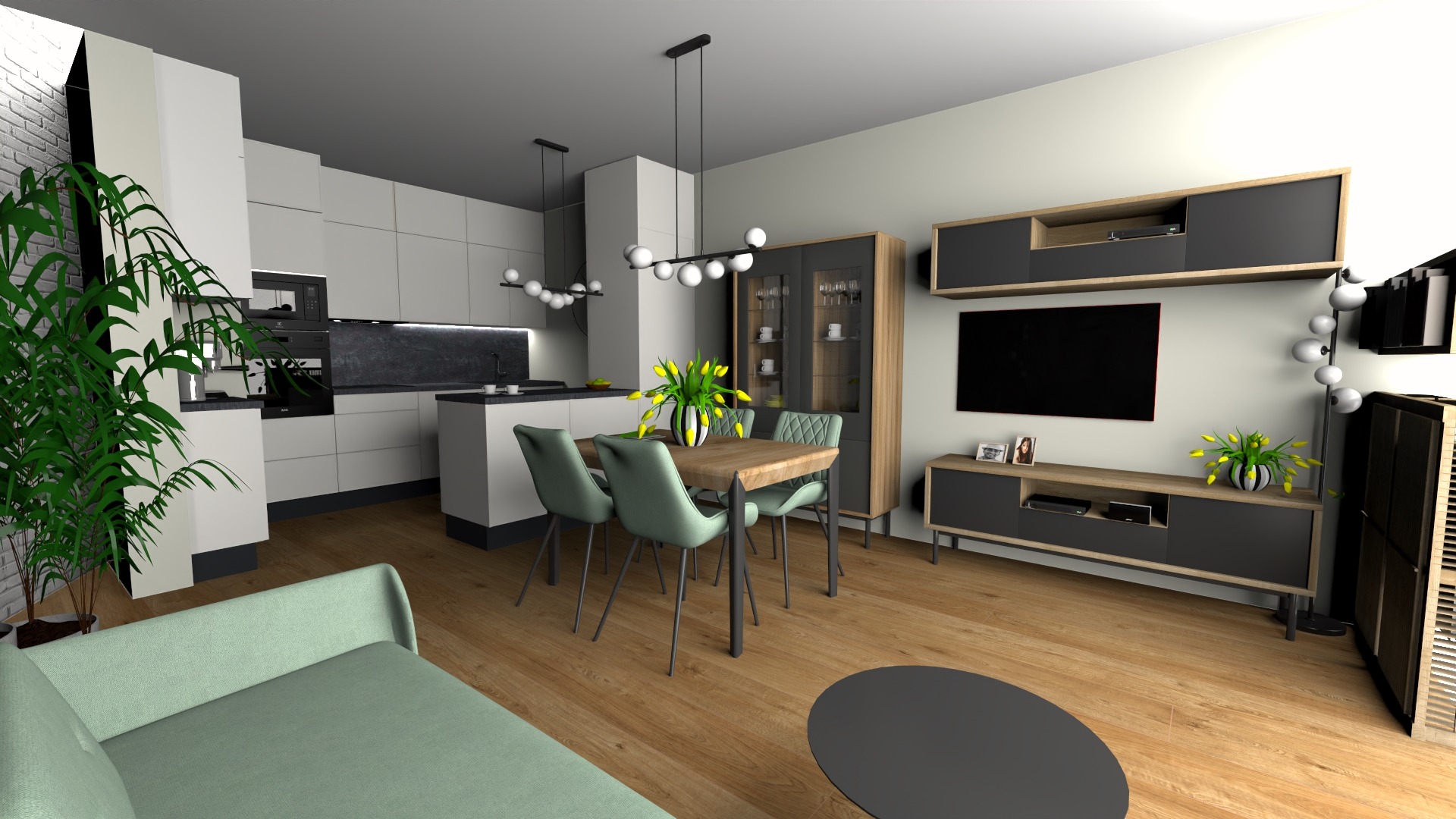 Wizualizacja przestronnego salonu z aneksem kuchennym, jasne meble kuchenne z czarnym blatem, drewniany stół z czterema zielonymi krzesłami, sofa w odcieniach zieleni i czarny okrągły stolik kawowy...