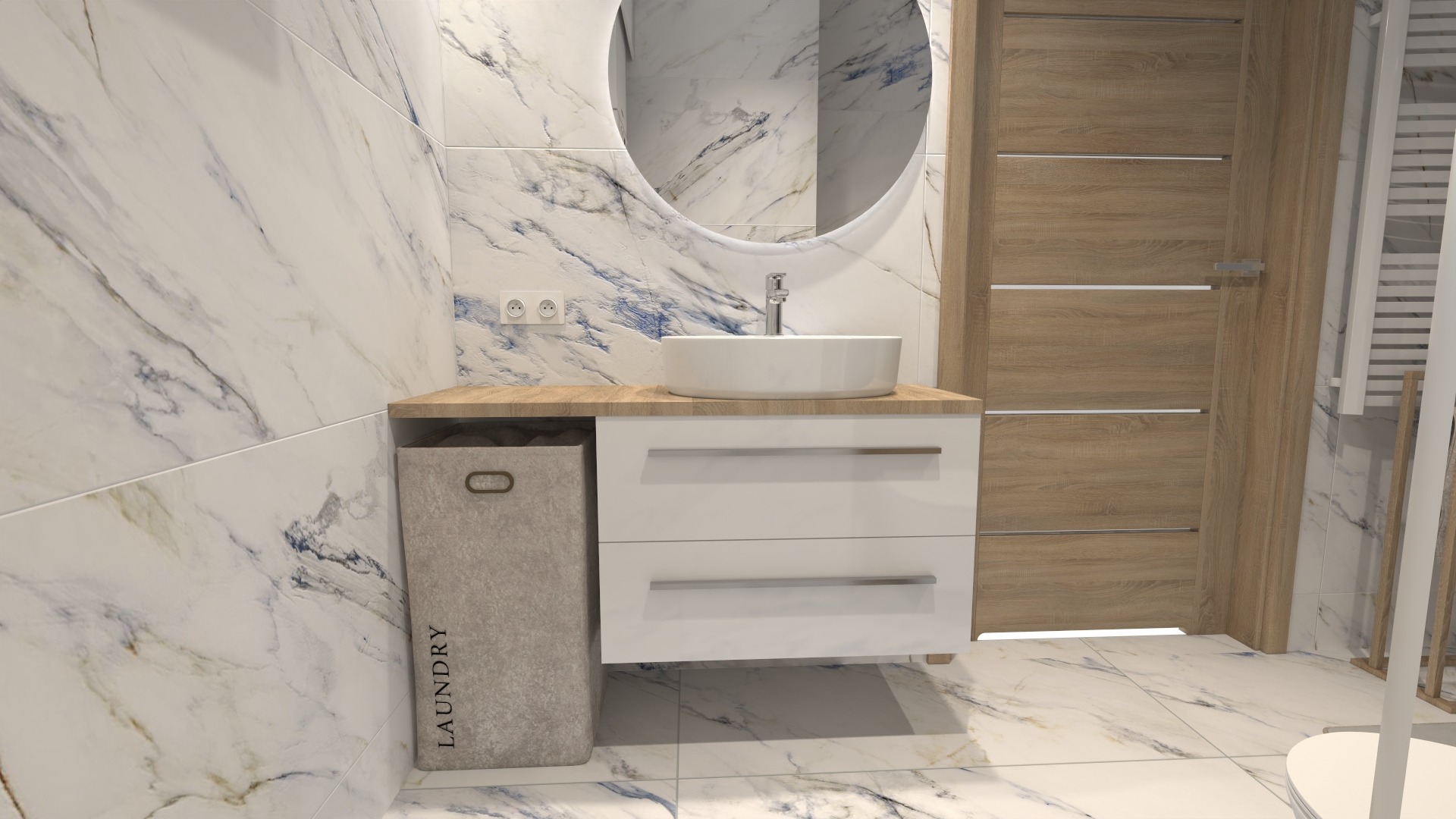 Nowoczesna łazienka z marmurowymi płytkami, okrągłym lustrem z podświetleniem LED, białą umywalką nablatową na drewnianym blacie, szafką z szufladami i koszem na pranie.