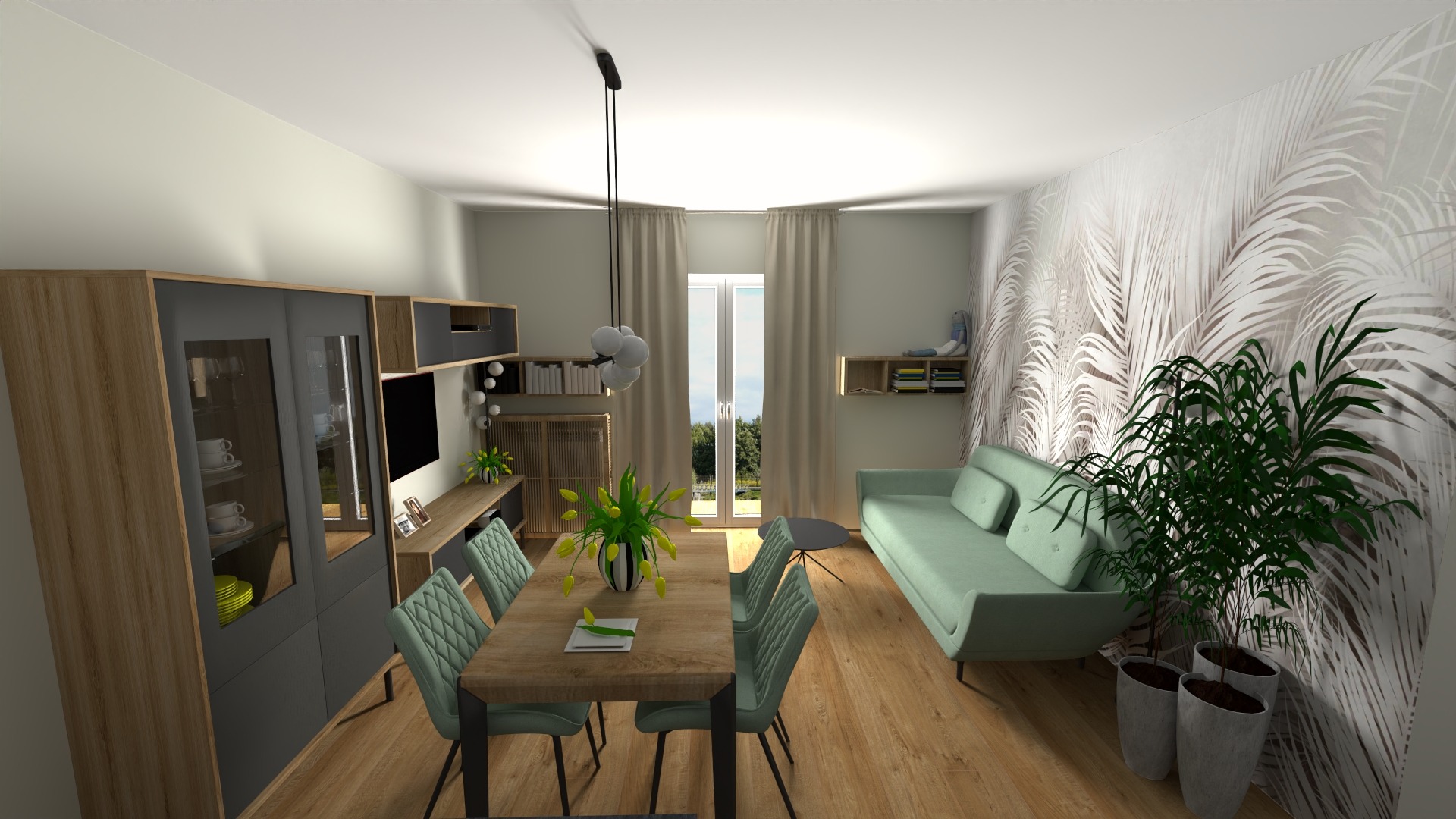 Wizualizacja wnętrza salonu z jadalnią: stół z krzesłami w kolorze mięty, zabudowa meblowa z witryną i telewizorem, sofa przy ścianie z tapetą w liście palmowe, oświetlenie punktowe i doniczkowe...