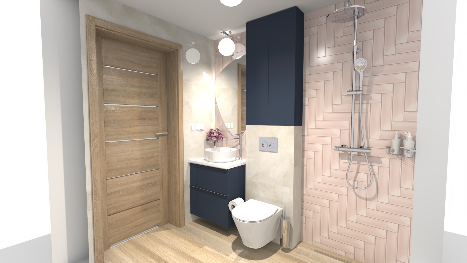 Wizualizacja nowoczesnej łazienki z drewnianą podłogą i drzwiami, umywalką na szafce w kolorze granatowym, toaletą wiszącą i prysznicem ze słuchawką na tle różowych płytek ułożonych w jodełkę.
