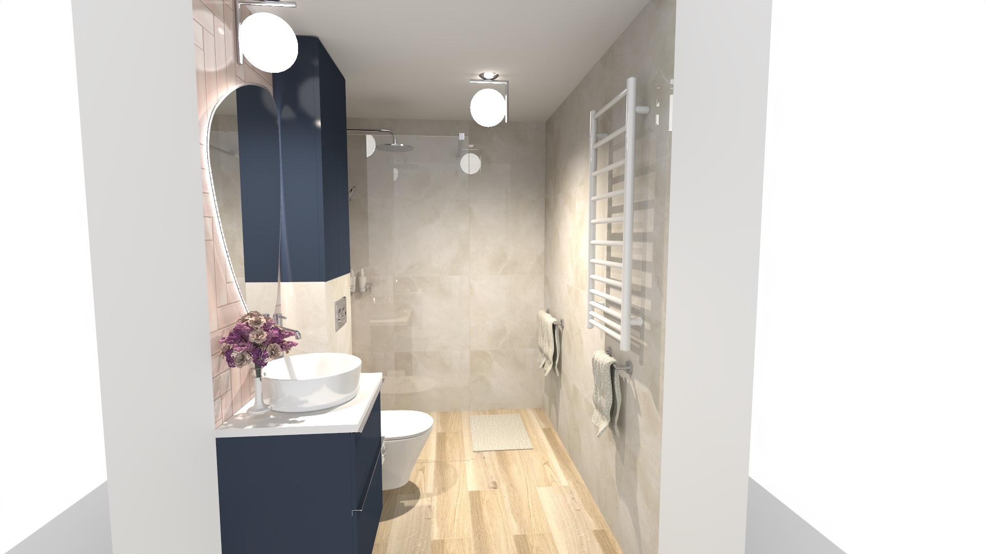 Wizualizacja łazienki z umywalką nablatową, szafką w kolorze granatowym, lustrem z podświetleniem LED, grzejnikiem drabinkowym i kabiną prysznicową typu walk-in z deszczownicą.