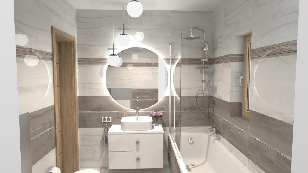 Wizualizacja łazienki z okrągłym lustrem podświetlanym LED, białą umywalką nablatową na szafce z szufladami i wanną za szklanym parawanem, wykończonej płytkami w odcieniach szarości i bieli.