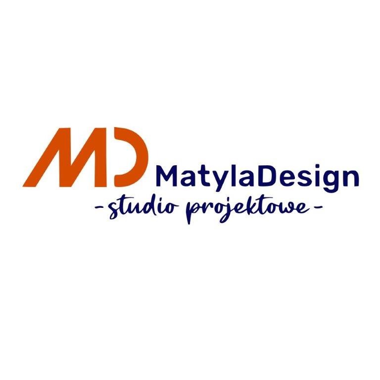 Pomarańczowo-granatowe logo studia projektowego MatylaDesign z abstrakcyjnym symbolem MD i napisem studio projektowe.