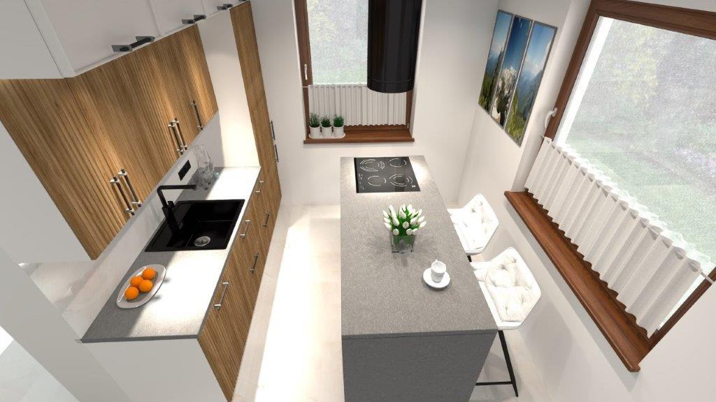 Wizualizacja kuchni z drewnianymi frontami szafek, czarnym zlewem i wyspą kuchenną z płytą grzewczą oraz bukietem tulipanów.