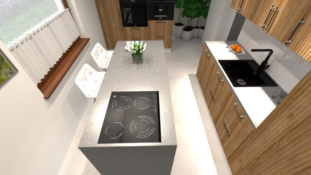 Wizualizacja kuchni z drewnianymi szafkami, wyspą z płytą indukcyjną i białymi tulipanami w wazonie.