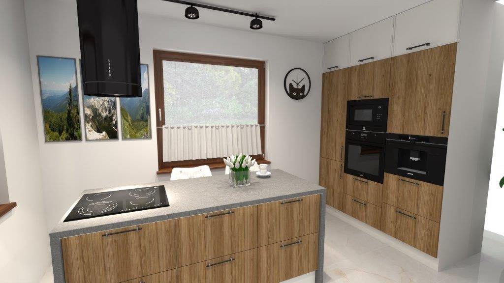 Wizualizacja kuchni z drewnianymi frontami, czarnym okapem i płytą indukcyjną na wyspie; na ścianie obrazy z górskim krajobrazem oraz zegar z motywem kota.