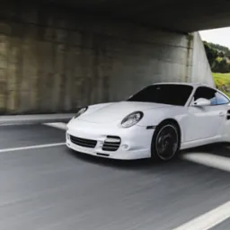 Biały sportowy samoch&oacute;d w ruchu, pod betonowym wiaduktem, z zielonym wzg&oacute;rzem w tle. Rozmycie ruchu podkreśla dynamikę jazdy.