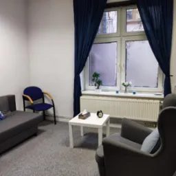 Jasny pokój z szarym dywanem, kanapą z poduszką w kwiaty, krzesłami, białym stolikiem z chusteczkami i zegarem, oraz oknem z niebieskimi zasłonami i roślinami na parapecie.