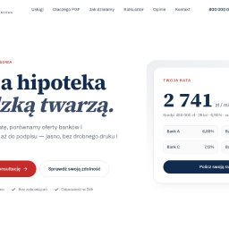 AdSpice pięć specjalizacji, jeden ekosystem. - Interfejs strony internetowej PGF Grupa PGF, prezentujący ofertę hipoteczną z kalkulatorem rat i porównaniem oprocentowania banków. Widoczne przyciski CTA.