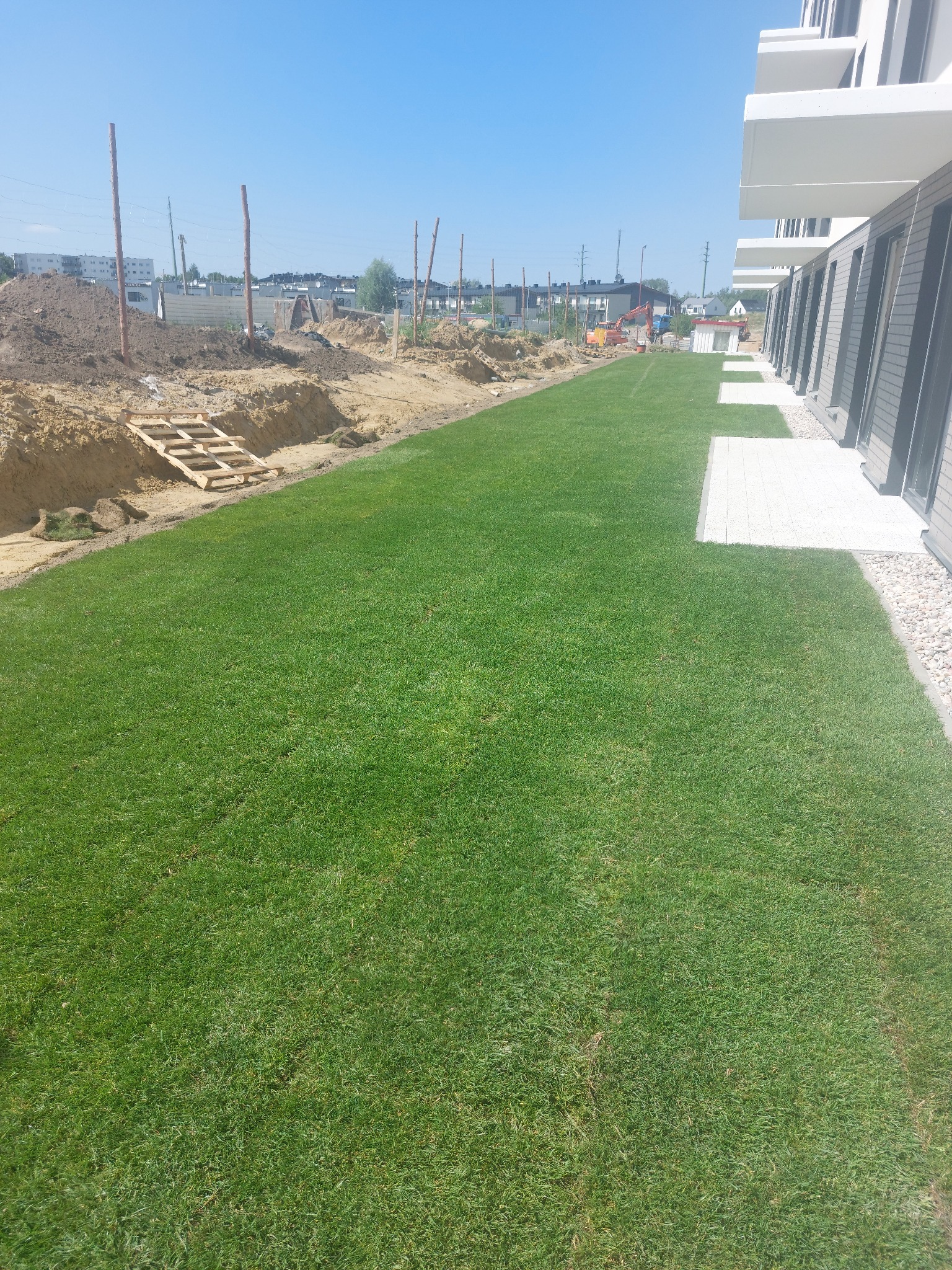 Świeżo założony trawnik z rolki przy nowoczesnym budynku, obok widoczny wykop z drewnianą paletą i słupkami ogrodzeniowymi w tle, częściowo ułożone płyty chodnikowe.