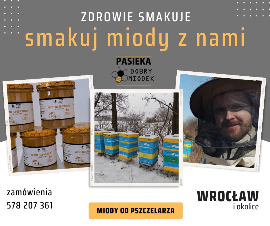 Zestawienie słoików z nektarowym produktem rzepakowym, uli w zimowym krajobrazie i portretu pszczelarza z Wrocławia.