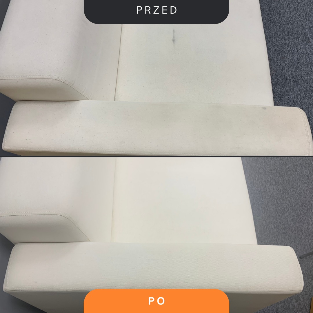 Biała kanapa we Wrocławiu, widok przed i po czyszczeniu, pokazujący usunięcie plam i zabrudzeń z tapicerki.