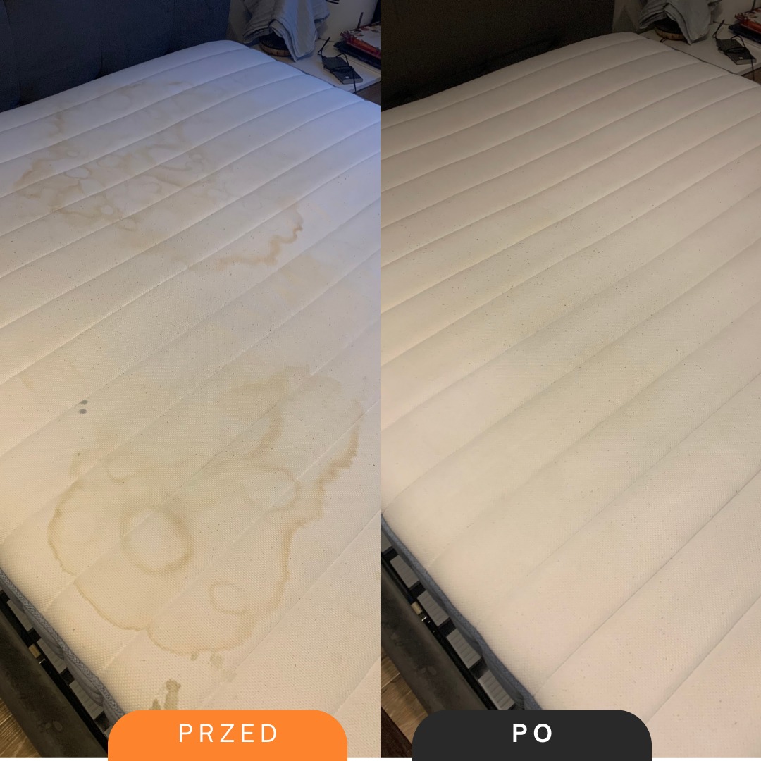 Materac z widocznymi plamami przed i po czyszczeniu, porównanie efektu na dwóch połówkach materaca.