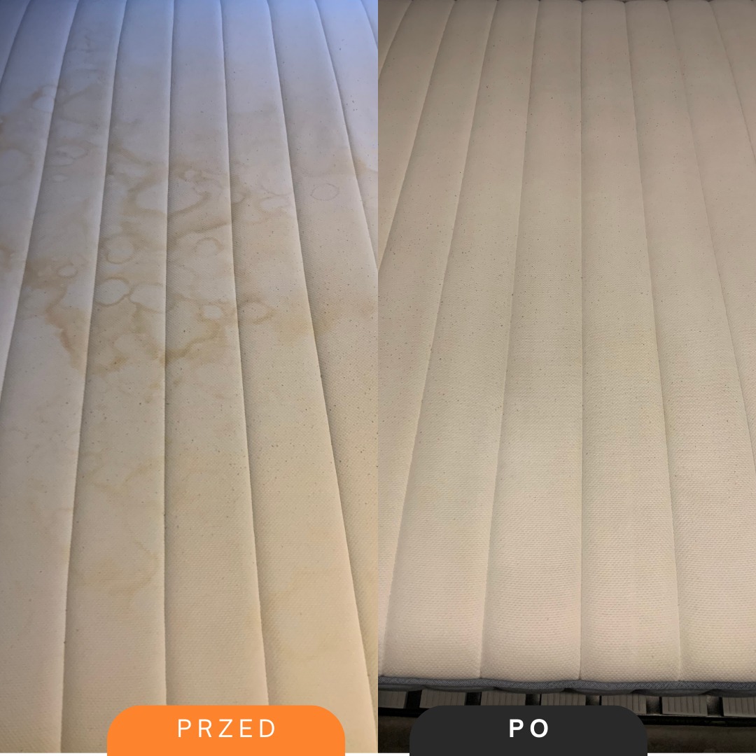 Materac z widoczną różnicą przed i po czyszczeniu, po lewej stronie zabrudzenia, po prawej czysty, widoczne pionowe przeszycia.