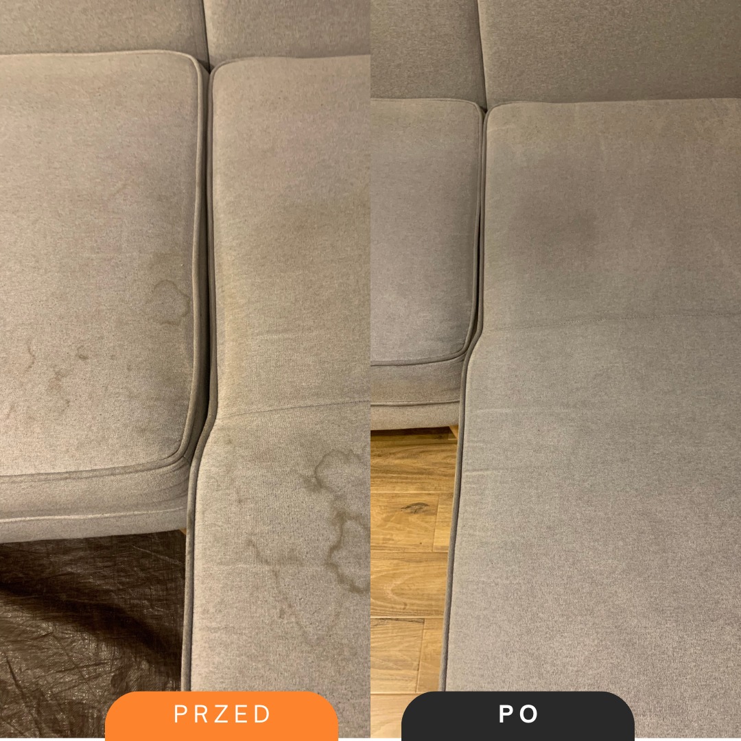 Porównanie efektu czyszczenia jasnoszarej kanapy: widoczne plamy przed czyszczeniem i czysta powierzchnia po zabiegu, z oznaczeniami 'PRZED' i 'PO'.