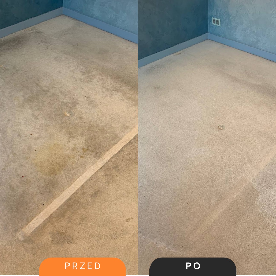 Porównanie stanu dywanu przed i po czyszczeniu, widoczne plamy usunięte, jaśniejszy odcień, podział kadru na dwie części.