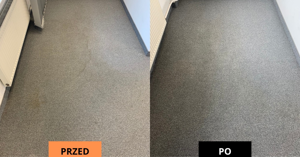 Szary dywan w pomieszczeniu, podzielony na dwie części: po lewej stronie widoczne zabrudzenia (PRZED), po prawej dywan po czyszczeniu (PO), z grzejnikiem przy ścianie.